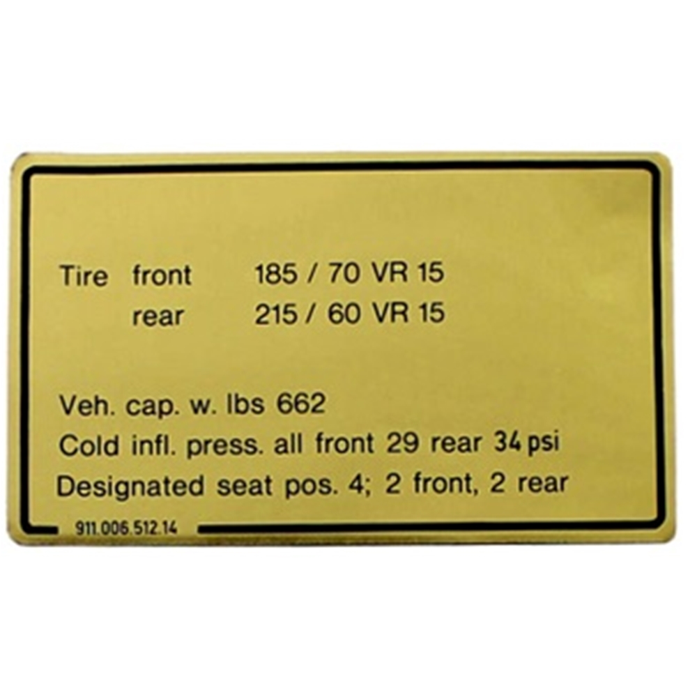 Tire Pressure Decal 1981-83 911SC