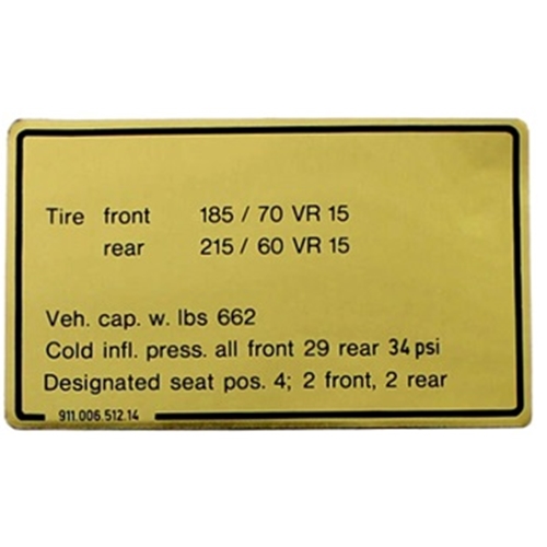 Tire Pressure Decal 1981-83 911SC